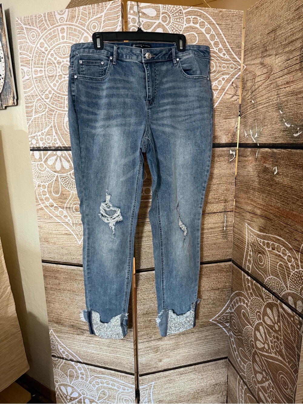 Fashion to Figure Distressed Light Blue Jeans with Glitter Cuffs